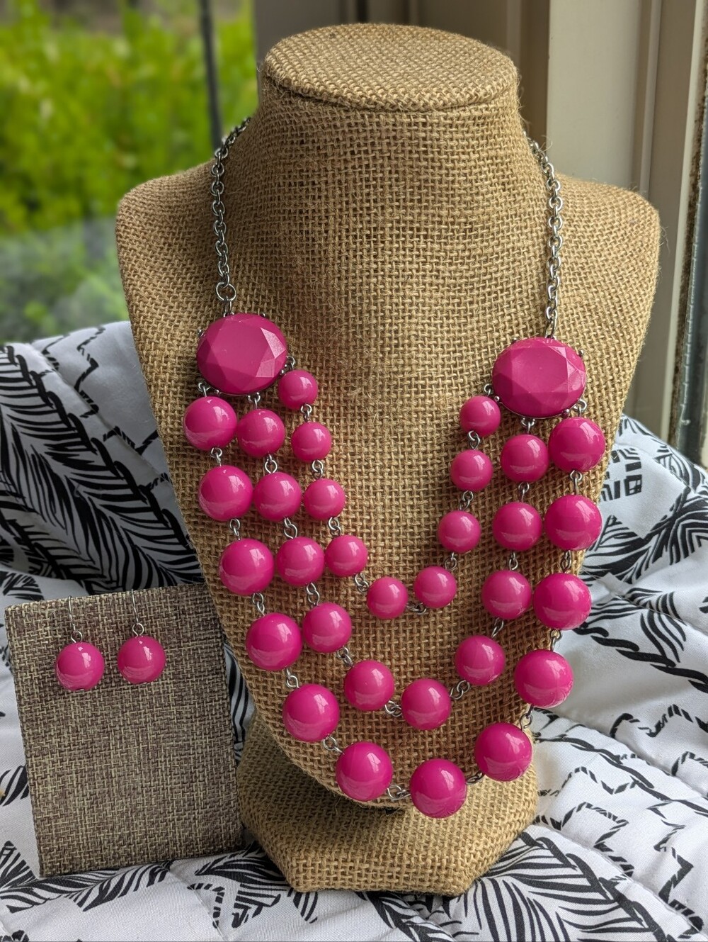 Vibrant Magenta Multi-Strand Statement Set - Necklace & Drop Earrings